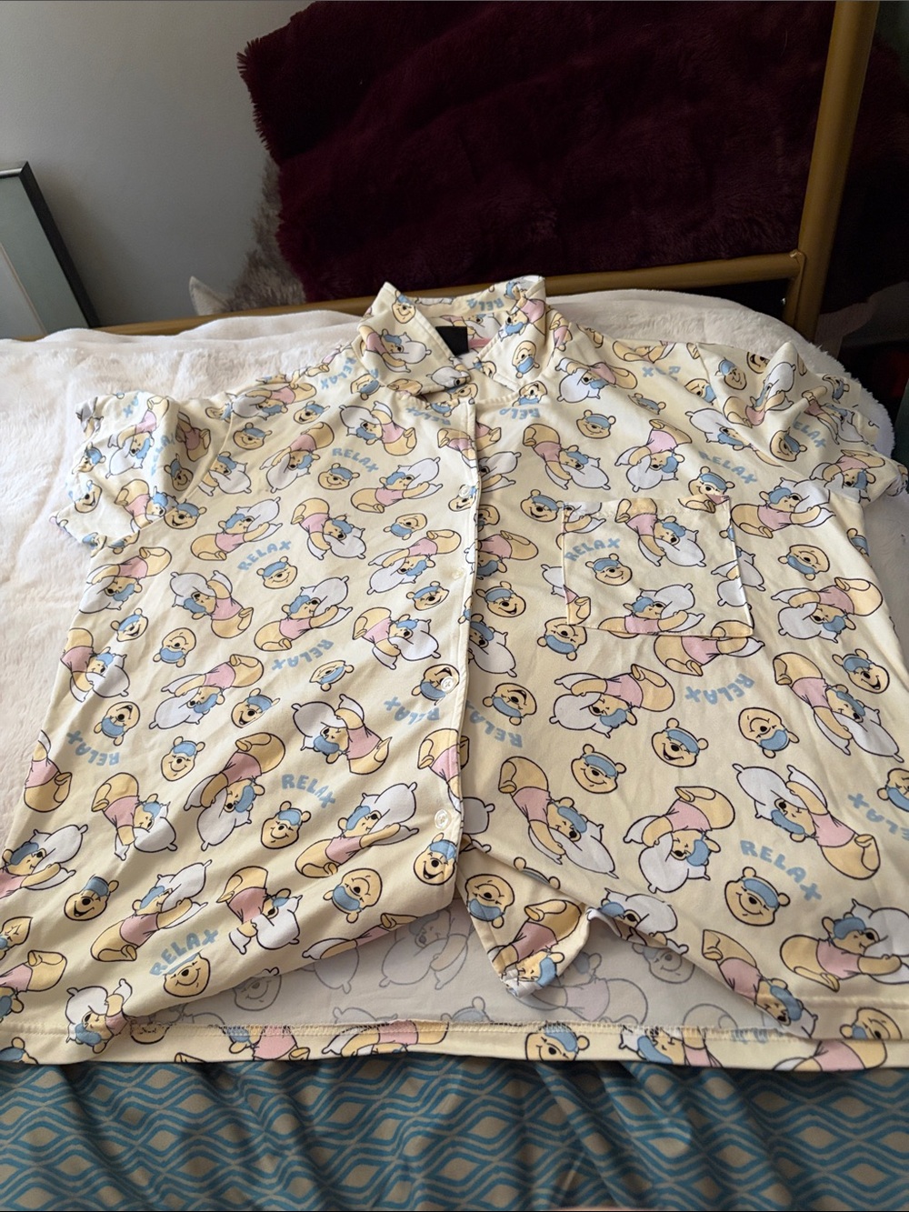 Disney Cream Pajama Top with Pastel Pink & Blue Cartoon Bears